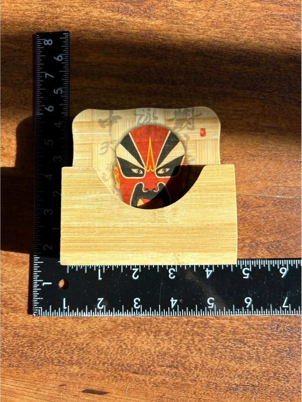 Natural Bamboo Coaster Set with Traditional Mask Design - 6 Pieces